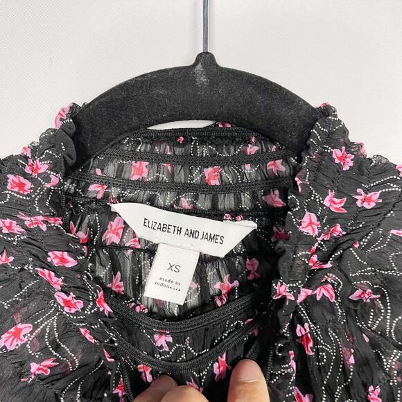 Elizabeth & James Floral Sheer Smocked Top XSmall Black Pink Long Sleeve Blouse - Picture 6 of 12